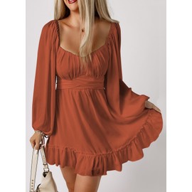 Acelitt Long Sleeve Wedding Guest Dress for Women 2025 Spring Fashion Ruffle A Line Tiered Swing Mini Dresses Brown Medium