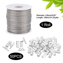 AHANDMAKER 304 Stainless Steel Wire Cable, 393 Ft Length 1/32 Wire Rope with 50 Pcs Rectangle Aluminum Crimping Sleeves for Party Decro String, Clothesline, Easy to Hang
