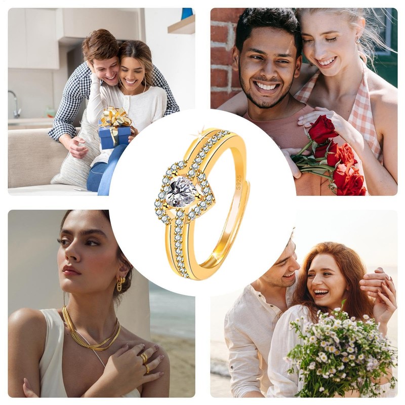 Heart Stone Ring - Adjustable Heart Rings with Cubic Zirconia,Open
