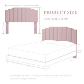 Befurtori Queen Size Headboard Only, Velvet Wall Mounted Headboard Queen/Full Size for Adjustable Bed, Modern Vertical Channel Design with Curved Tufted Upholstered Head Board, Pink