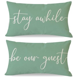 PANDICORN Farmhouse Lumbar Pillow Covers 12x20 Set of 2, Stay Awhile Be Our Guest Welcome Sage Green Decorative Throw Pillow Cases Outdoor Spring Decoration for Guestroom Bedroom Sofa Couch Decor
