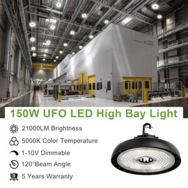 150W UFO LED High Bay Light, Black Housing 21000lm 5000K 500W HID/HPS Equivalent with US Hook and 5’ Cable, 1-10V Dimmable High Bay Lighting for Gym Factory Warehouse Workshop Garage DLC UL Approved