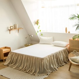 BISELINA French Linen Bed Skirt with Pleated Frills 22-Inch Tailored Drop Natural Flax Cotton Blend Dust Ruffle Soft Cozy Farmhouse Bedding (22" Queen, Linen)