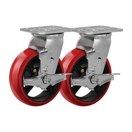 FOVERSWIVE 6"x2" Heavy Duty Caster Wheels- Polyurethane Tread(Crowned) on Cast lro, 1200 lbs Capacity Per Caster, Widely Used in Platform Trucks, Furniture(2 Brake)
