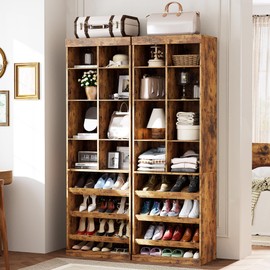 IRONCK Closet Shoe Organizer Cabinet with Shelves and Cubbies, Narrow Footwear Shoe Rack Storage Organizer for Closet for Bedroom, Entryway, Mudroom, Vintage Brown