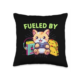 I Love The 80s Gaming Cats Tacos & Kawaii Funny Fueled by Gaming Tacos & The 80s Kawaii Gamer Cat Throw Pillow, 16x16, Multicolor