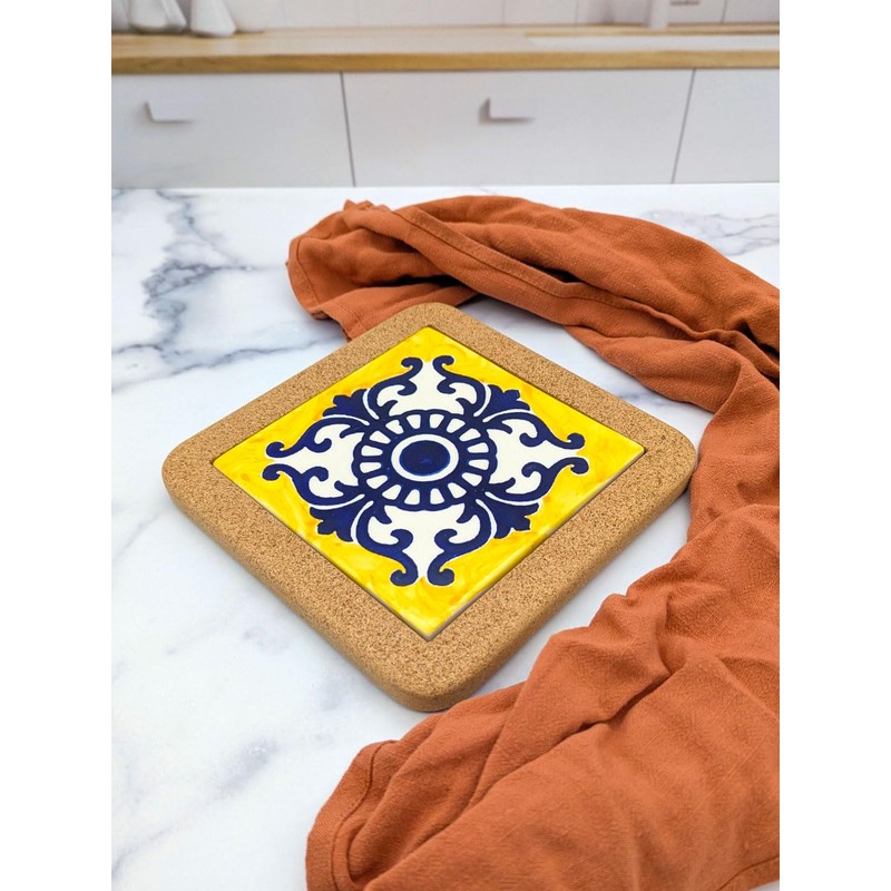 Portuguese Ceramic Tiles Trivet with Cork Base for Hot Pots