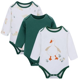 LAT Unisex Baby Long Sleeve Bodysuit,3 Pcs Infant Girls Boys One-Piece Play&Sleep For Newborn,100% Organic Cotton(Yellow Duck+Green,0-3 Months)