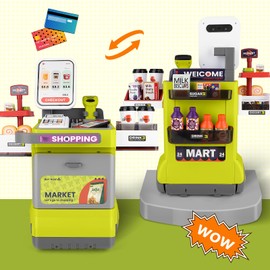 deAO Cash Register Playset for Kids,48PCS Kids Store Supermarket Playset Pretend Play Cash Register Toy with Scanner, Grocery Game Food Set and Play Food,Gift for 3 4 5 6 Boys Girls Kids