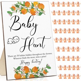 Roowest 51 Pieces Baby Shower Games Include Wooden Baby Hunt Sign 50 Mini Plastic Babies Tiny Babies Boy Girl Baby Shower Games Gender Reveal Party Favors Baby Shower Prizes for Game (Orange Style)