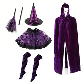 LOTIKS Fairytale Witch Cute Witch Costume Deluxe Set with Broom Hat Cloak Tutu Skirt for Teens Adult (Purple)