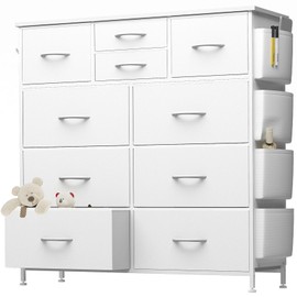 YaFiti YaFiti 10 Drawer Dresser, Chest of Drawers for Bedroom, PU Dresser with Side Pockets, Hooks, Wooden Top and Sturdy Metal Frame for Living Room, Closet, Hallway (White)