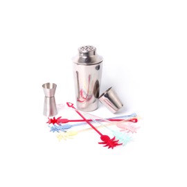 BIRAMBEAU, Cocktail-Set aus Edelstahl, Shaker 750 ml, mit Doppeljigger und 6 farbigen Rührstäben, dekorativ, Ananasform aus Kunststoff.