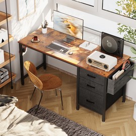 Casaottima 48" Small Computer Home Office Desk for Bedroom with Fabric Drawers & File Cabinet, Cloth Storage Bag and Hook, Writing Study Work Table for Small Space, Vintage