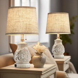 19.5" Farmhouse Bedside Table Lamps Set of 2 Rustic Lamps for Nightstand Bedroom with USB Ports Vintage Traditional White Carved Floral Night Light Lamps for Living Room End Tables Decor