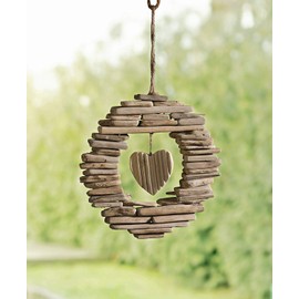 Dekoleidenschaft Decorative hanging heart made of driftwood in country house style, wooden wreath, window decoration, rustic, hanging decoration for indoor and outdoor use, garden decoration for