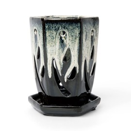 rePotme 4 x 6 inch Ceramic Orchid Pot (Honey Cream Over Coffee) - Hexagon Orchid Pot with Holes