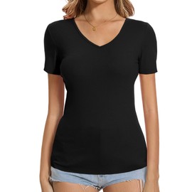 Women's Black Fitted Deep V Neck Tshirts Short Sleeve Undershirt Tops Summer Fitted Plain Tee Rayon Spandex (Black XL)