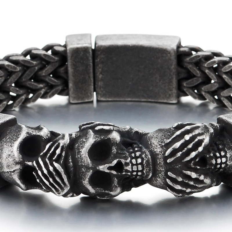 Men's Stainless Steel Three Wise Skulls Bracelet, Heavy-Duty Woven Wheat