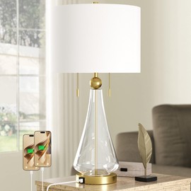 Maxax 28" Glass Table Lamp for Living Room, 2-Lights Brass Gold Bedside Lamp with USB A+C Ports, Modern Clear Glass Bedroom Lamp with White Shade for Nightstand