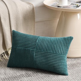 Fancy Homi Set of 1 Teal Lumbar Decorative Throw Pillow Covers 14x24 Inch for Living Room Couch Bed Sofa, Rustic Farmhouse Boho Home Decor, Soft Striped Corduroy Rectangle Accent Cushion Case 35x60 cm