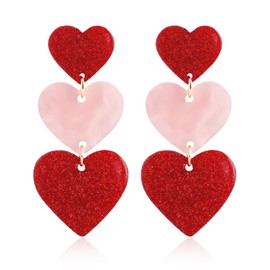 QLYOVWE Hot Pink Heart Earrings for Women Lightweight Double Love Heart Drop Earrings Unique Pink Red Love Heart Statement Earrings Valentine's Day Mother's Day Birthday Gift (Shiny Red Heart)