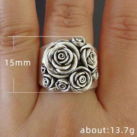 Hsitgexf Vintage Stainless Steel Rose Flower Three-dimensional Flower Cluster Antique Style Statement Promise Anniversary Wedding Rings for Women (US size 9)