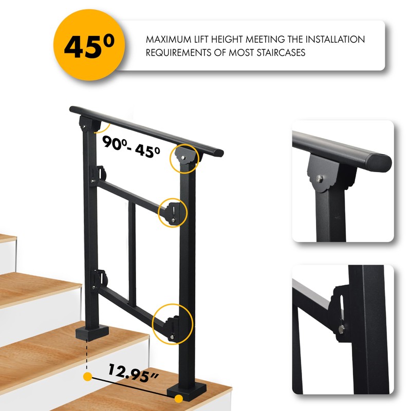Upgrade 2 Steps Black Handrail & Indoor Stair Railing Kit,