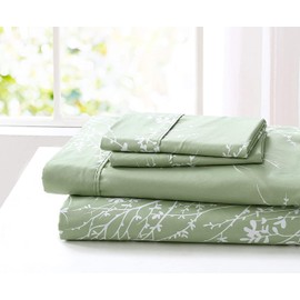 SL SPIRIT LINEN HOME EST. 1988 - Queen Sheet Set, Super Soft Microfiber Bedding, Elegant Foliage Design & Ideal for All Seasons (Queen, Green/White)