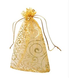 YuanHolumid 25Pcs Gold Floral Pattern Printed Drawstring Organza Bags Party Favor Candy Gift Bag Mesh Jewelry Pouches for Weddings Showers Birthdays Holidays Collectibles