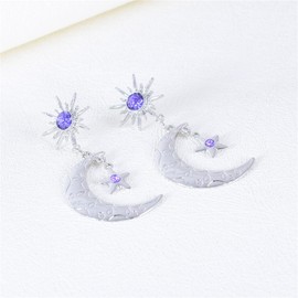 Moon Sun Star Purple Crystal Dangle Drop Earrings for Women Gold Silver Plated Bohemian Irregular Crescent Planet Chic Rhinestone Cubic Zirconia Geometric Celestial Earrings for Birthday Valentine Wedding Brides Fashion Jewelry Gifts (Silver)