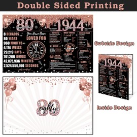 Uiorgui Large 80th Birthday Card for Women with Envelope, Black Rose Gold Happy 80th Birthday Guest Book Gifts Jumbo Eighty Greeting Card Back in 1944 Decorations Party Supplies