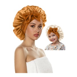 ZURLEFY Brown Silk Bonnet for Kids Sleeping, Satin Hair Bonnet with Tie for Girls Boys Toddler Curly Hair Night Cap (68-13S)