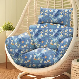 Uthem Waterproof Egg Chair Cushion Replacement 47x31.5x4.7 inch Thicken Hanging Egg Swing Chair Cushion Indoor Outdoor Wicker Rattan Hammock Basket Cushion with Headrest Pillow, Blue Peony