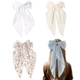 LFOUVRE Hair Bows for Women, Floral White Hair Bow, Dots White Bow for Hair, Bow Hair Clips with Tail, Solid Hair Bow Clips for Girls, White Hair Clips Bowknot Barrettes Hair Accessories 3pcs