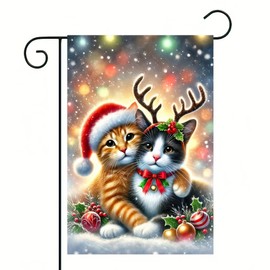 BlissYard Christmas Garden Flag Double Sided 12x18 Flag Winter Cats Garden Flag With Santa Hat And Reindeer Antlers Perfect For Outdoor Christmas Decor Festive Holiday Yard Lawn Patio Decoration