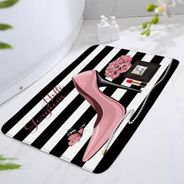 Black White Stripe Bath Mats Flower Butterfly Fashion Girl Perfume Bottle Pink High Heel Rose Floral Hello Gorgeous Valentine's Day Lover Theme Bathroom Rugs Kitchen Toilet Floor Carpet 17.8x29.5 in