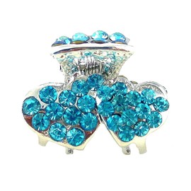 Sparkly Crystal Small Double Heart Claw Hair Clip ~ Aqua Blue
