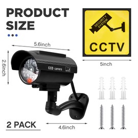 Kanayu 2 Pcs Black Solar Powered Fake Security Camera Dummy Security Simulated Surveillance Camera with Realistic Red Flashing Lights for Indoor Outdoor Home Store