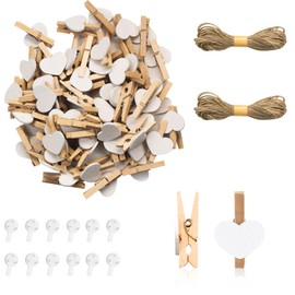 Andiker Mini Wooden Pegs, Natural Wooden Clothes Pegs with 10 m Jute Twine Non-Trace Hanging Hooks, Decorative Pens for Wedding Party, Photo Holder, Card Decoration, Crafts (100 Pieces, White)