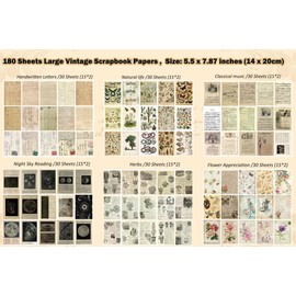 Flartmo 180 Sheets Scrapbook Paper, Large Vintage Junk Journal Decoupage Scrapbooking Bullet Journaling Supplies, Room Wall Decor Posters Ephemera Card Making Collage Crafts Paper Packs(5.5*7.87 Inch)