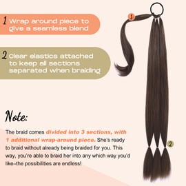 SEIKEA 2PCS Long Braid Ponytail Extension with Hair Tie Long Straight Wrap Around Hair Extensions Ponytail Soft Synthetic Hair Dark Brown with Copper Highlights 30 Inch (After Braided 27 Inch)