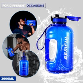 GEMFUL 3L Large Water Bottle with Straw Handle Bpa Free Time Marker Motivational Leakproof Wide Mouth Water Jug for Gym Sports Outdoor Camping Fitness (Royal Blue)