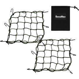 BonsMax 2 Pack Small Cargo Net for Motorcycle, Bike, ATV, UTV, 15"x15" Elastic Bungee Mesh Net with Hooks, Secure Gears, Helmet, Luggage, Stretch up to 30"x30"