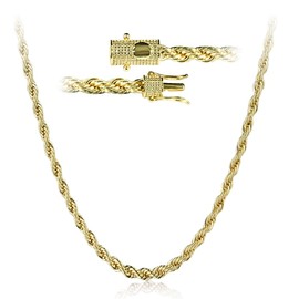 PY BLING 5mm Gold Rope Chain Necklace with Artificial Simulated Diamond Clasp 14k Gold Plated Stainless Steel Twist Chain Necklace Bracelet for Men Women 22inch