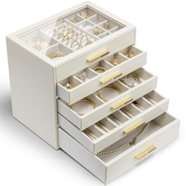 Vlando Jewelry Box for Women Girls,Jewelry Organzier,5 Drawers,Glass Lid Jewelry Organizer Storage for Gem Diamond Necklaces Rings Earrings Bracelets White