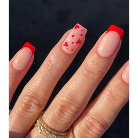 Sethexy Valentine's Day French Nails for Sticking Short Square False Nails Love Heart Press On Nails Shiny Fake Nails Pack of 24 Acrylic Artificial Nails