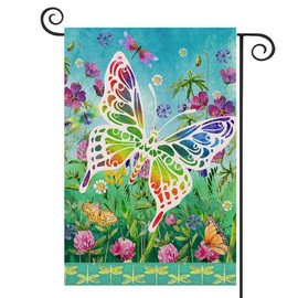 DMERBYL Home Decorative Spring Summer Butterfly Garden Flag, Dragonfly House Yard Lawn Flowers Decor, Vintage Farmhouse Outside Welcome Decorations Seasonal Outdoor Small Burlap Flag 12x18