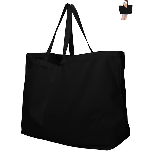 27" Large Canvas Tote Bag - Extra Big Largest Grocery Shopping Beach Reusable Totes Bags Vacation Plain Solid 27" X 16" X 8" (Black)