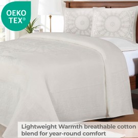 SUPERIOR Cotton Blend Bedspread 3-Piece Set, Light Weight Blanket, 2 Matching Pillow Shams, Oversized Bedding, Traditional Bedroom, Jacquard Medallion Decor, Kymbal Collection, Queen, Off-White